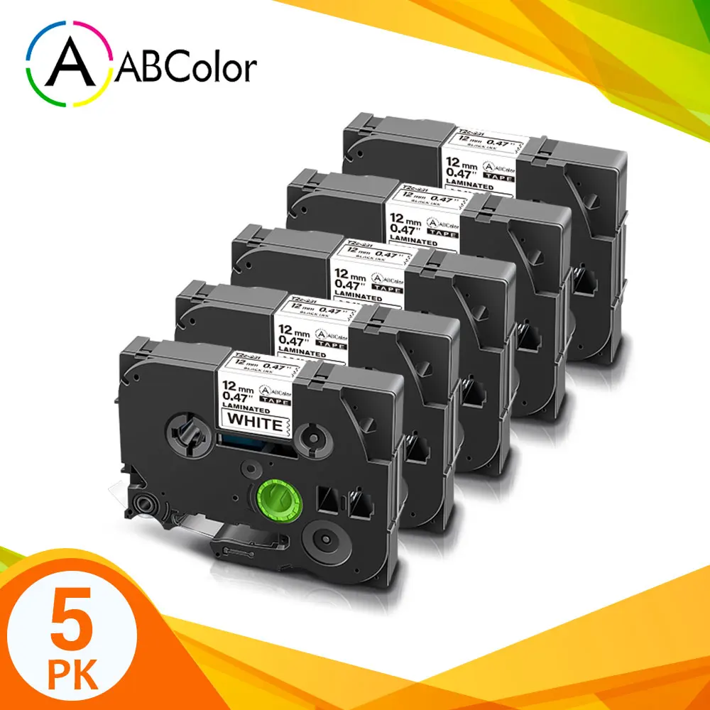 A ABColor 5PK 12mm Printer Ribbon 231 Compatible For Laminated 231 Black on White Label Tape Label Cassette For Label Maker