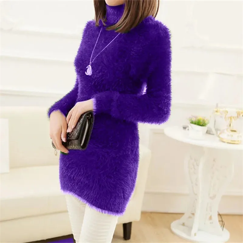 New 2022 Autumn Winter Imitate Water Mink Velvet Add Fleece Thicken Sweater Mid-Long  Slim Knitting Dress Female Base Shirt