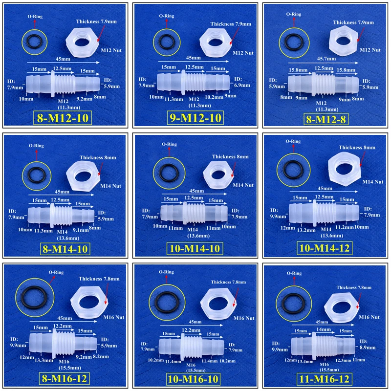 PP 파고다 직접 커넥터, 육각 너트, O링 수족관 탱크, 공기 펌프 어댑터, 드립 관개 호스 조인트, 5 ~ 200 개, M12 ~ M16 ~ 8 ~ 12mm