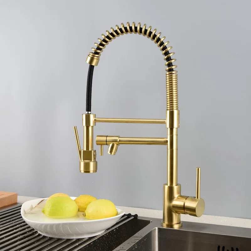 Top Quality Brushed gold 600mm high brass Kitchen sink faucet Pull out Spring Kitchen faucet Cold hot water High quality faucet