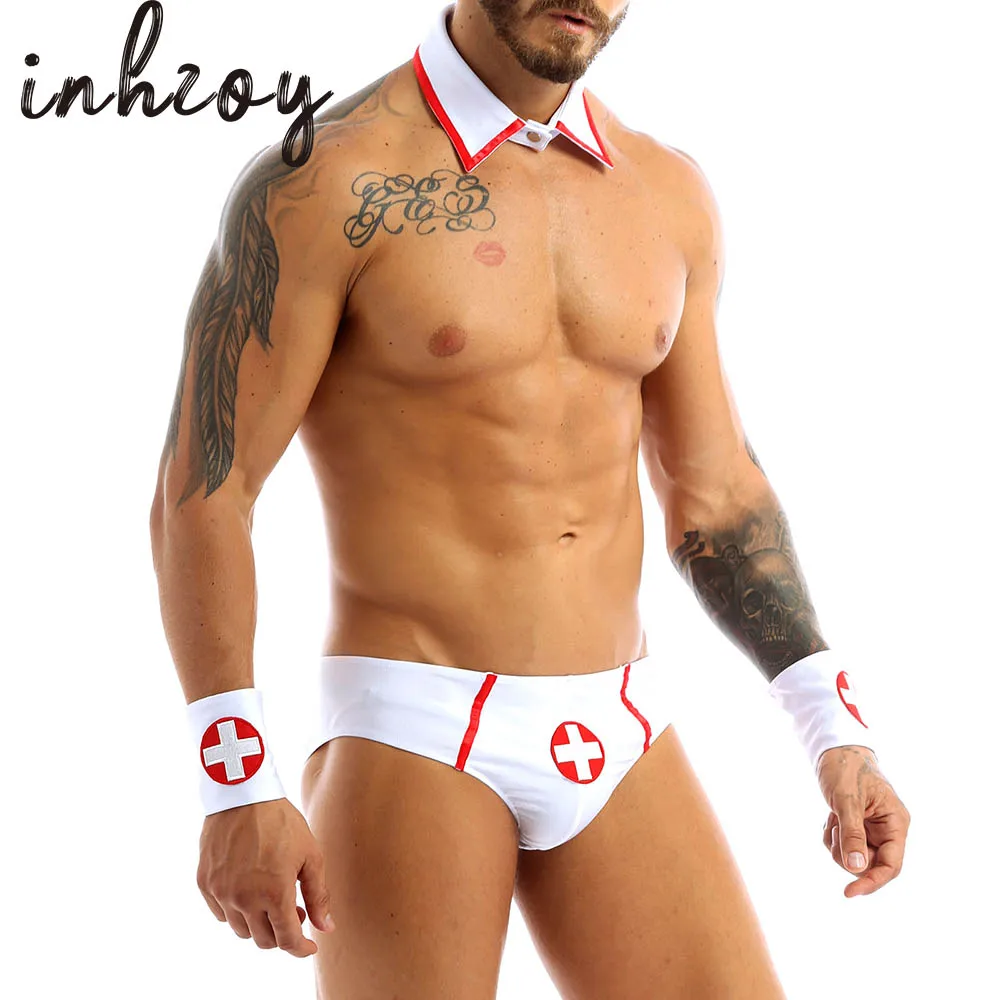 XXL Men Erotic Uniform Doctor Nurse Sexy Role Play Costume Outfits Briefs With Collar And Red Cross Cuff Set Sissy Crossdresser