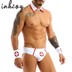 Uniforme erótico de médico y enfermera para hombre, traje Sexy de juego de rol, calzoncillos con cuello y puños de Cruz Roja, conjunto Crossdresser Sissy, XXL