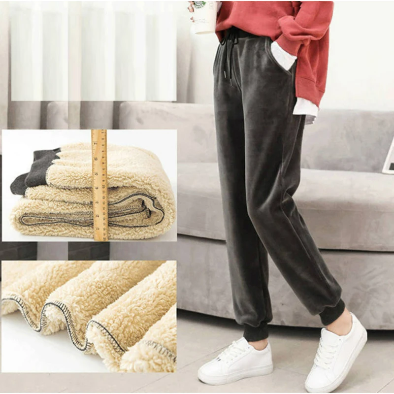 Women Lamb Fur Tracksuit Pants Winter Female Solid Casual Warm Cashmere Leggings Lined Fleece Autumn Sweatpants Lady Harem Pants