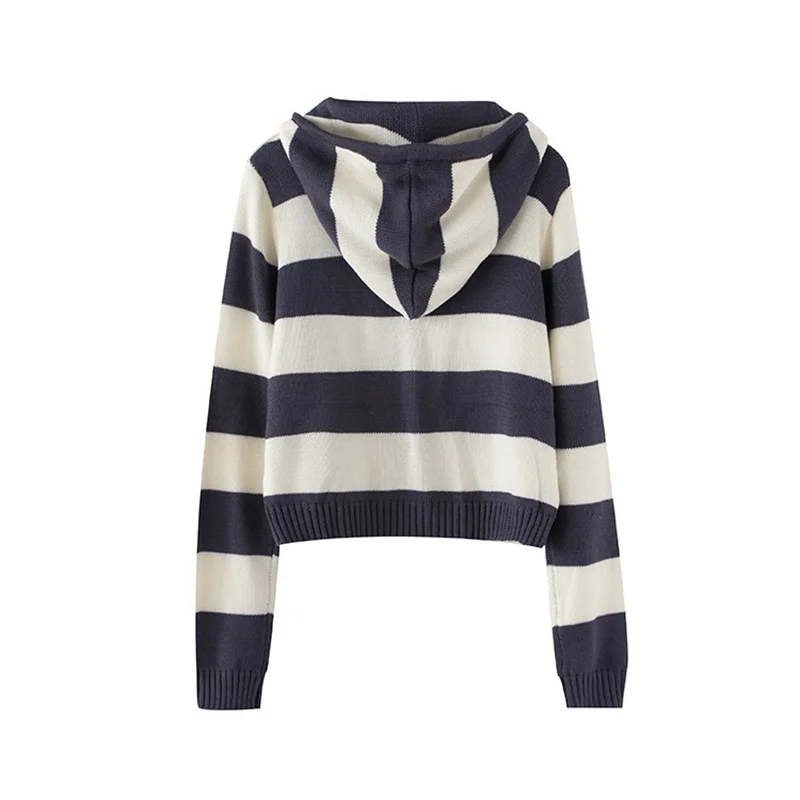 PUWD Casual Women Striped Hooded Cardigan Sweater 2022 Autumn Fashion Ladies Pocket Knitwear Top Girls Chic Knitted Outwear