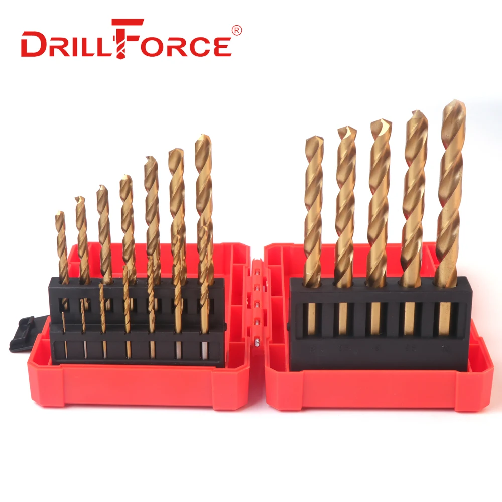 Титановые сверла DRILLFORCE 19 шт./компл. 1,0-10 мм, Высокоскоростная сталь HSS M2, полностью заземляющие спиральные сверла для чугуна, металла, дерева