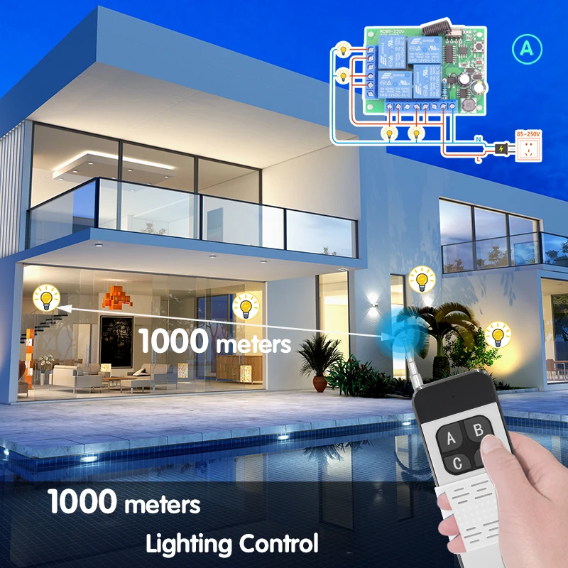 433MHz Universal Wireless Remote Control AC 110V 220V 10A 4CH Relay Receiver Module RF Switch 1000 Meters for Gate Garage Opener