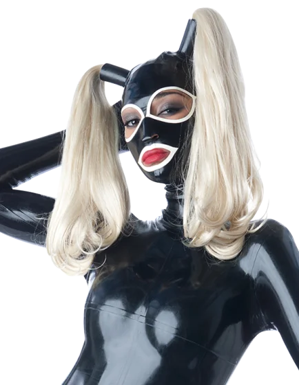 

Latex Hood Rubber with Two Hairpieces Wigs Ponytails Handmade Black Mask with Back Zipper Double Long Braid White Trim Line