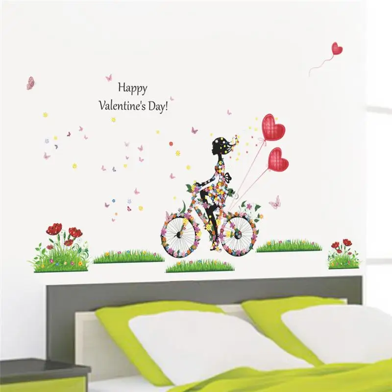 

A Girl Ride Bike With Flower Wall Decal For Kids Room Home Decorative Stickers Pvc Mural Art Wedding Party Bedroom Decoration