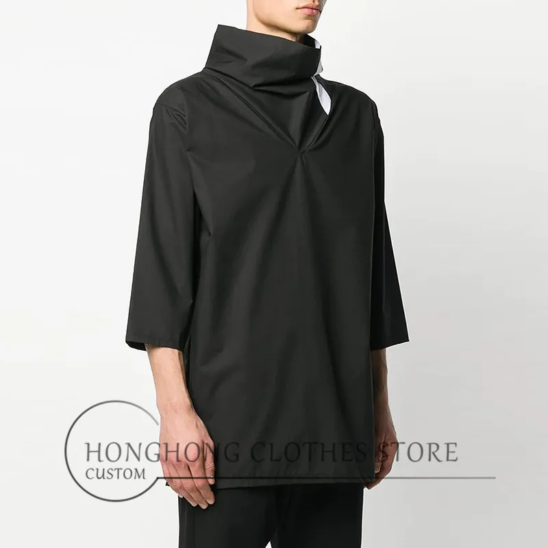 Original design of large size men's  loose collar splicing medium sleeve thin shirt