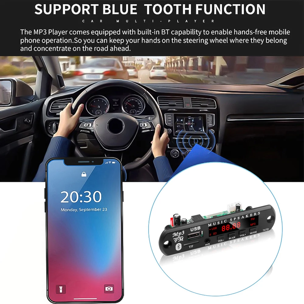 لوحة فك تشفير مشغل MP3 12 فولت من KEBIDU لوحة بلوتوث 5.0 6 واط وحدة راديو FM للسيارة تدعم TF USB AUX FM مضخم صوت 2*3 واط