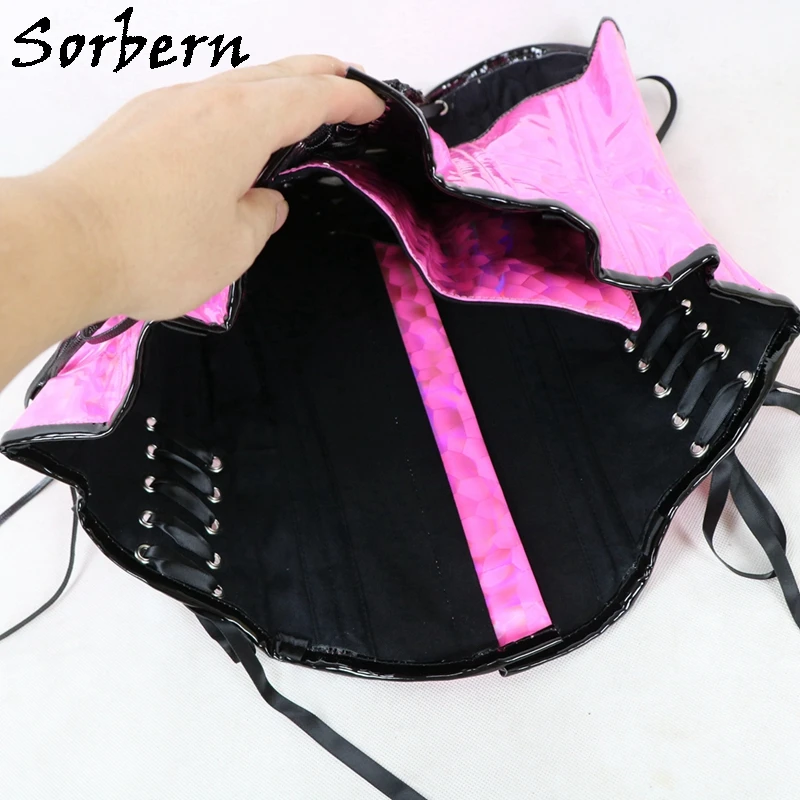 Sorbern Black Laser Women Corset Sexy Fetish U-Shaped Cup Support Breast Steel Bustiers With Corset Lace Up Back Hourglass