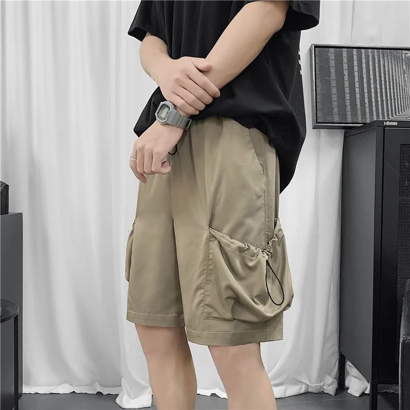 Street High Men Thin Section Summer Cargo Shorts Elastic Waist Loose Knee Length Sweatpants Mens Pocket Straight Casual Shorts