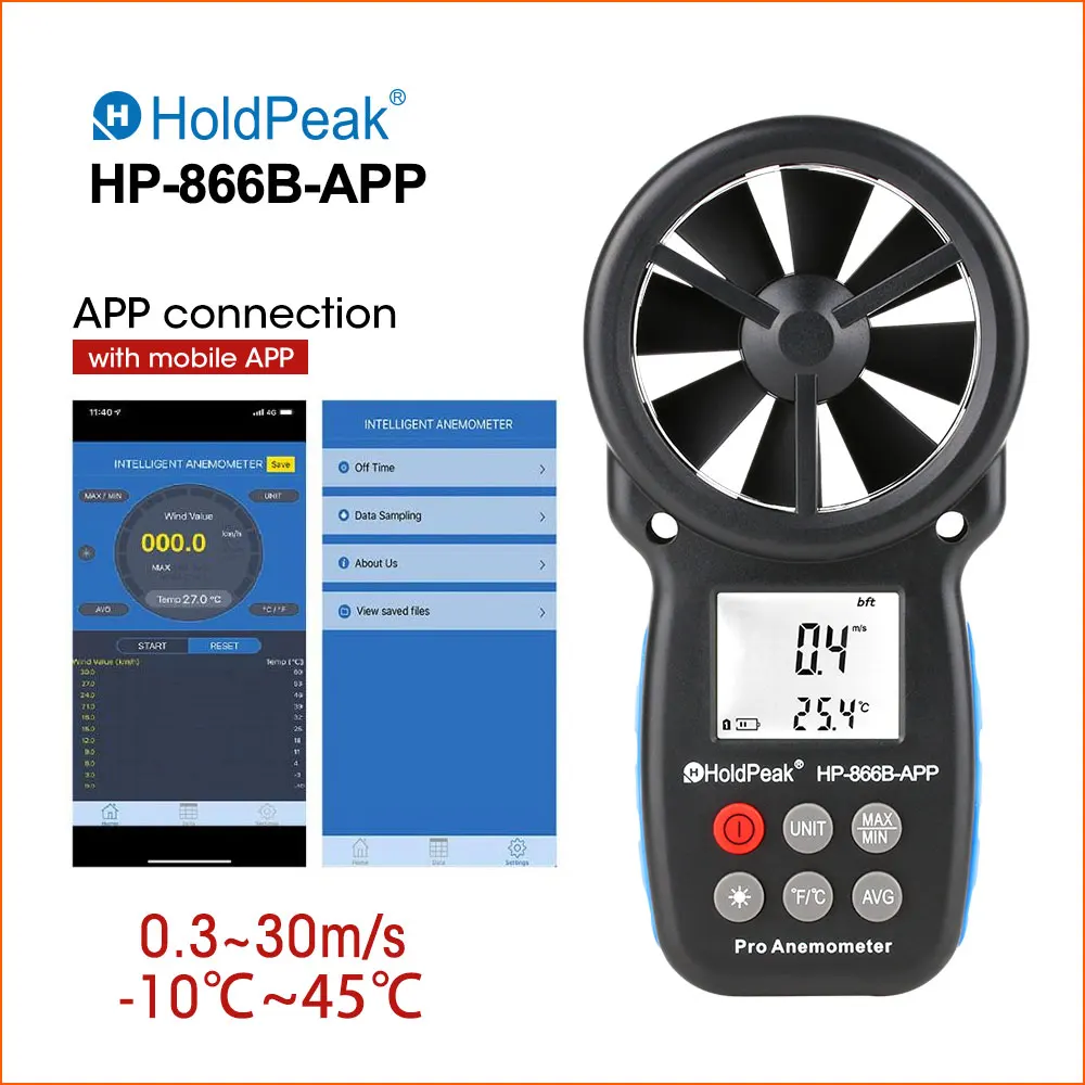 HoldPeak LCD Digital Anemometer Thermometer Wind Speed  Measurement Air Velocity Wind Sensor Handheld Anemometer