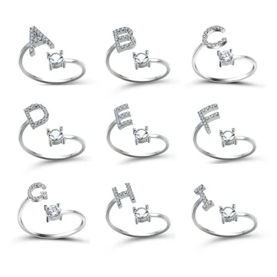 26 letter silver color adjustable open ring A-Z name letter female creative ring fashion party jewelry