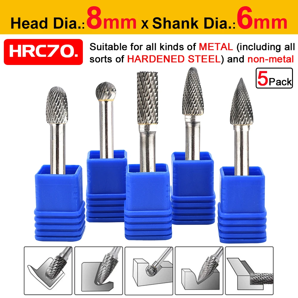 5pcs/set 6*8MM Double text Head Tungsten Carbide Rotary Tool Point Burr Die Grinder Abrasive Tools Drill Milling Carving Bit D30