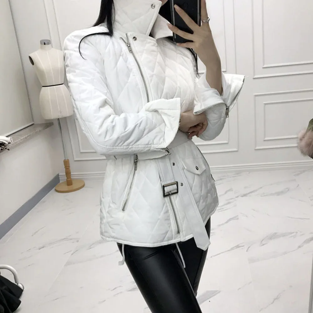 Women Mid-length Slim Warm Winter Jacket New PU Leather Splicing Jackets Korean Style Fashion Diamond Lattice Down Padded Jacket