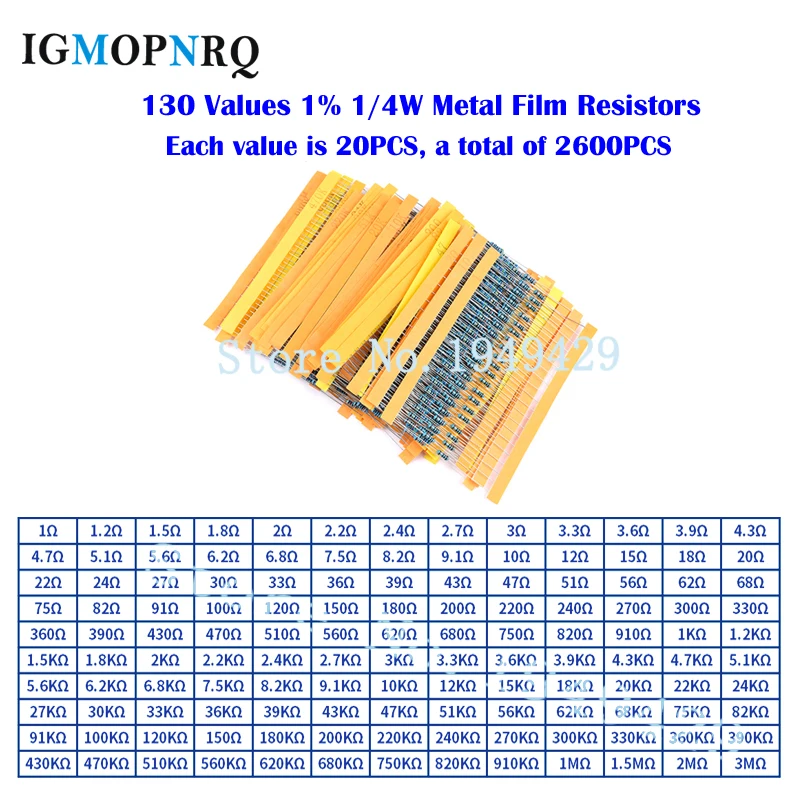 2600pcs 130 Values 1/4W 0.25W 1% Metal Film Resistors Assorted Pack Kit box Set Lot Resistors Assortment Kits resistor