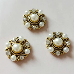 10Pcs/Lot 18mm Flower Rhinestones Pearl Hair Antique Gold Alloy Flower Disk Diamond Buckle Pendant Shoes Clothes Bag Accessories