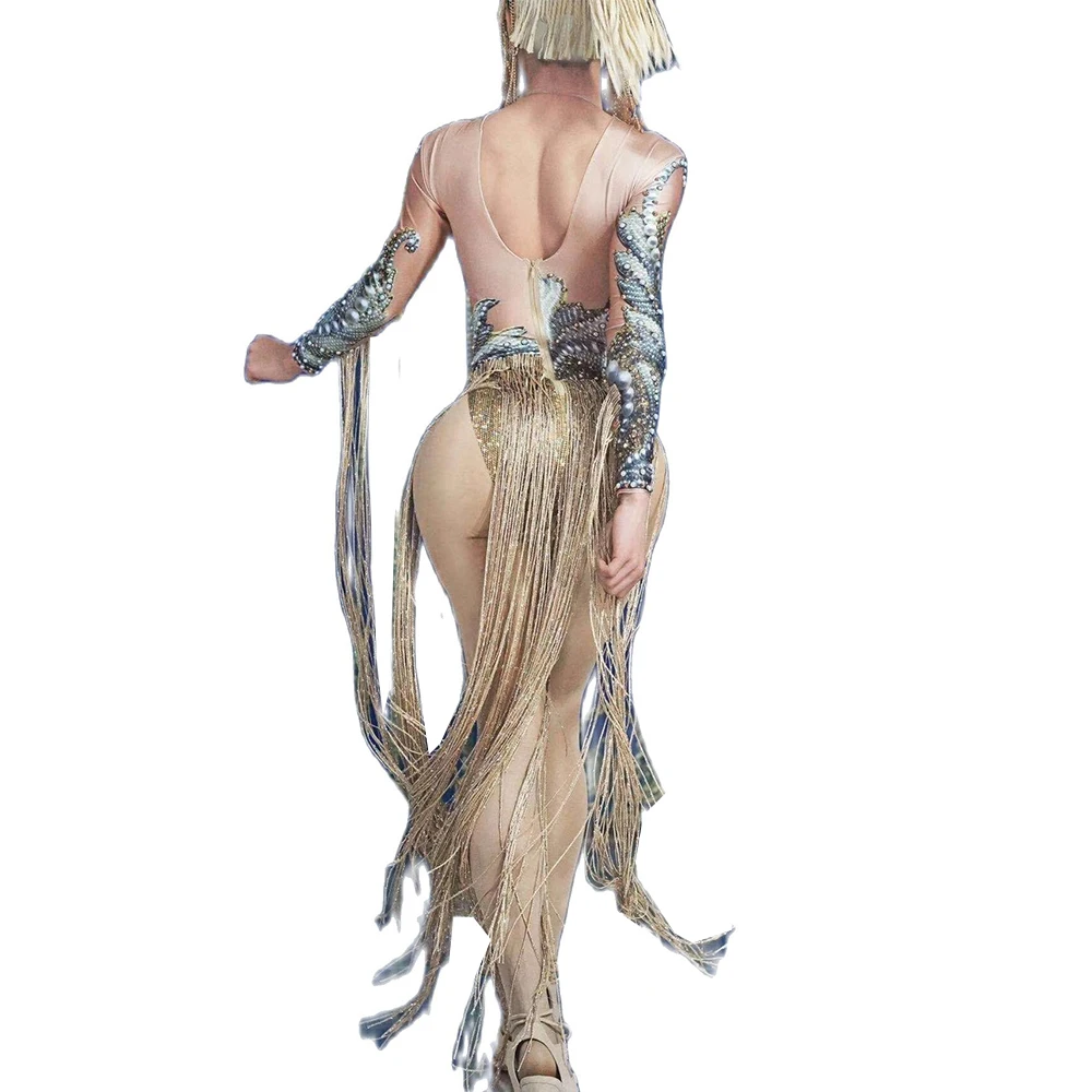 Long Tassel Rhinestones Pearl Pattern Printing Women Bodysuit Performance Costume Ladies Backless Bodycon Stage Outfit