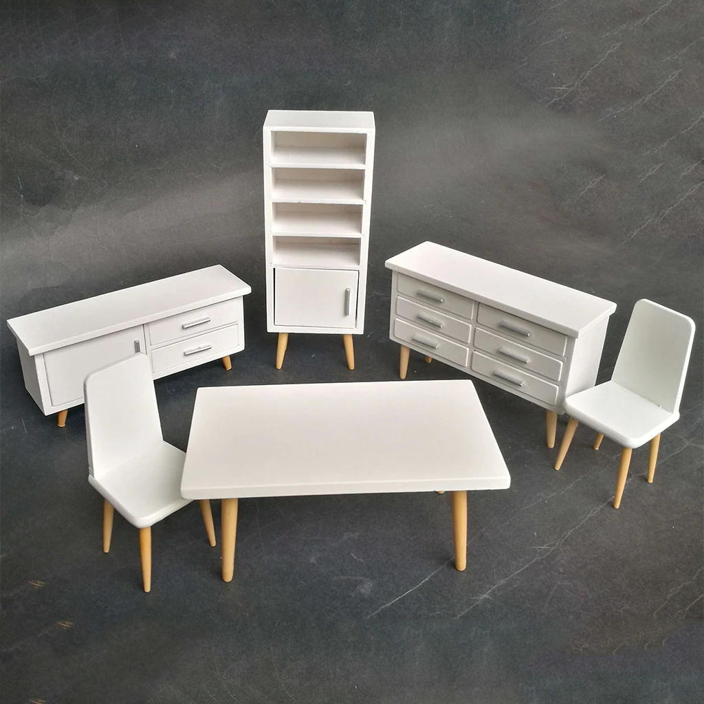 6 Pieces Miniature Furniture Living Room Kit 1/12 Dollhouse White Table Chair Display Cabinet Low Cabinet Model