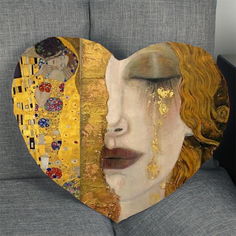 Custom Art Gustav Klimt Pillow Case Heart Shaped Zipper Pillow Cover Satin Soft No Fade Pillow Case Home Textile Decorative