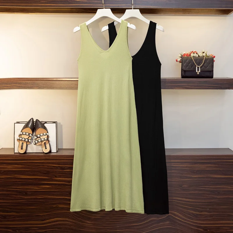 

EHQAXIN Summer Women's Knitwear Sling Dress Fashion Korean V-Neck Sleeveless Wild Ice Silk Long Dresses Female L-4XL