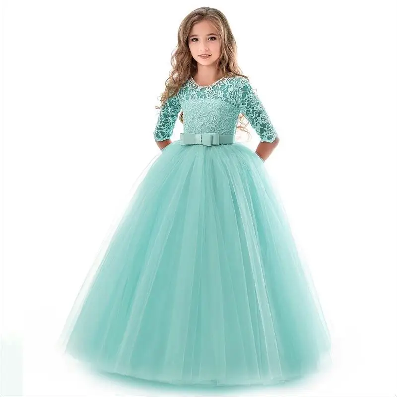 Princess Lace Dress Kids Flower Embroidery Dress For Girls Vintage Children Dresses For Wedding Party Formal Ball Gown 14T