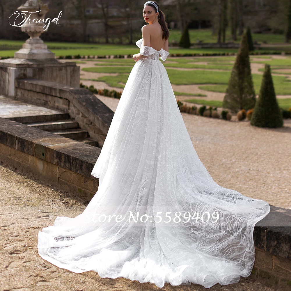 Traugel Sweetheart A Line Wedding Dresses Glitter Applique Off Shoulder Backless Bride Dress Chapel Train Wedding Gown