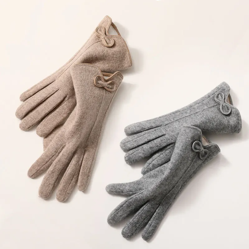 

New Women Winter Touch Screen Plus Velvet Thicken Keep Warn Cashmere Elegant Female Bow Cycling Elasticity Retro Style Gloves