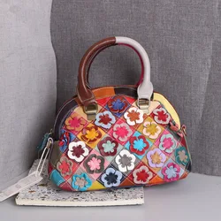 Real Leather Fashion Casual Colorful Design Shoulder Messenger bag Flower Color Block Spliced Handbag Women's Tote bag 782