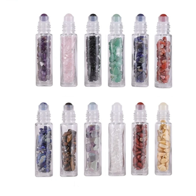 500pcs/lot 10ML Empty gem Roller bottles Essential Oil  glass bottle Transparent Thick gemstone jade crystal bottle Gold cap