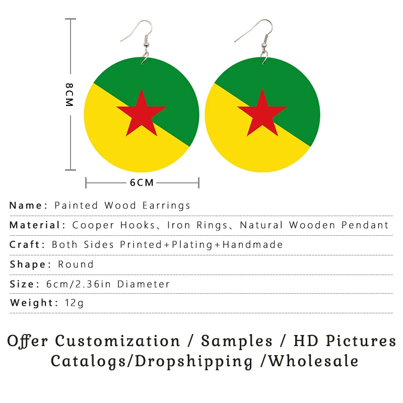 SOMESOOR Jewelry Flag Of French Overseas Provinces Wooden Both Sides Print Pendant Round Drop Earrings For Women