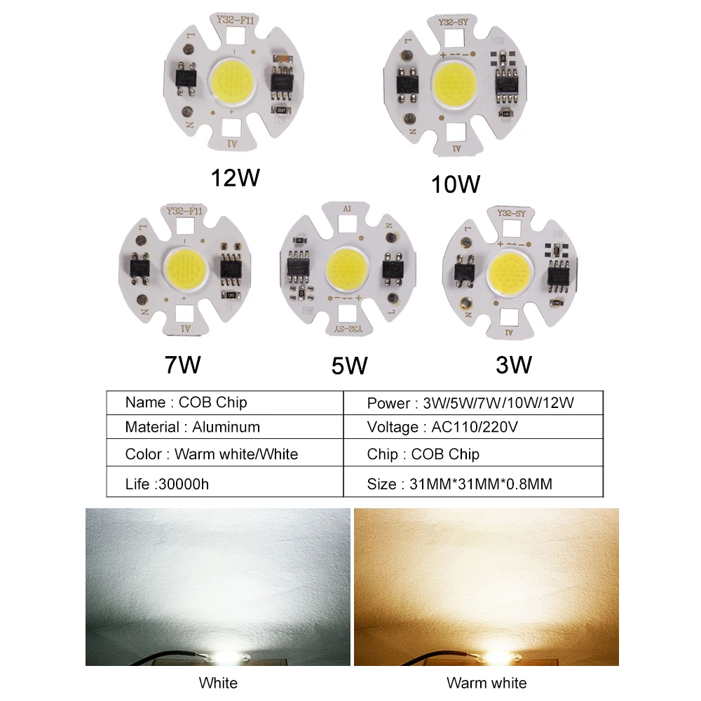 3 واط 5 واط 7 واط 10 واط 12 واط COB LED رقاقة ضوء COB حبيبات مصباح مستديرة متفاوتة الأحجام الذكية IC لا حاجة سائق التيار المتناوب 220 فولت ل الكاشف الأضواء Lampada lighting بها بنفسك الإضاءة