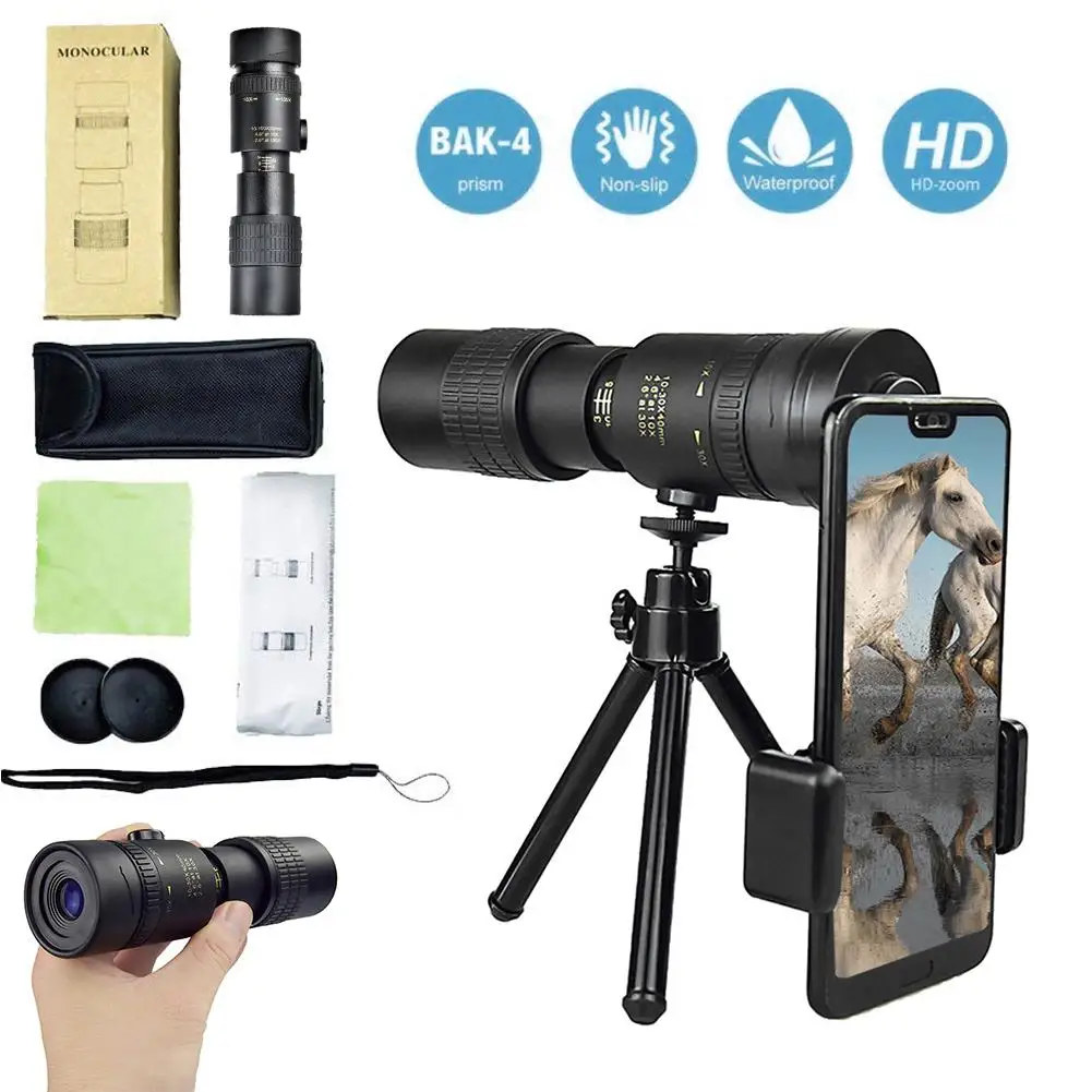 4K 10-300X40mm Super Telephoto Zoom Monocular Telescope Portable for Beach Travel Camping Supports Smartphone To Take Pictures