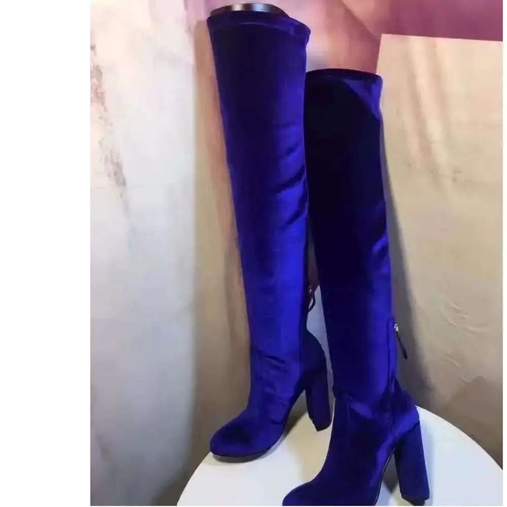 

New Fashion Women Over Knee Thick Heel Boots Blue Red Corduroy Thigh Long High Heel Boots Zipper-up Winter Boots