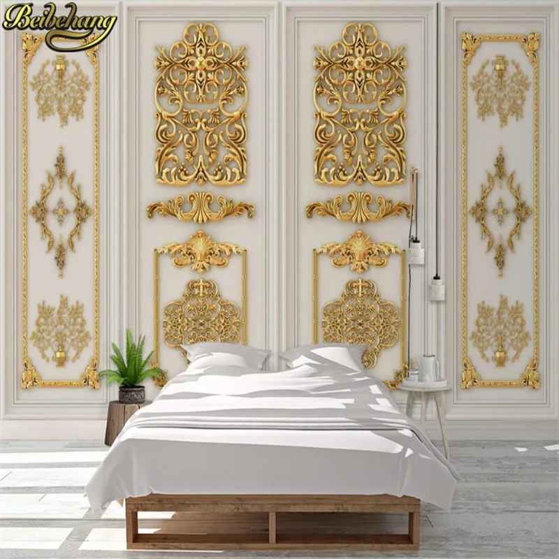 Custom photo wallpaper 3D Golden relief carved gypsum line wallpapers TV background wall paper home decoration mural Stickers