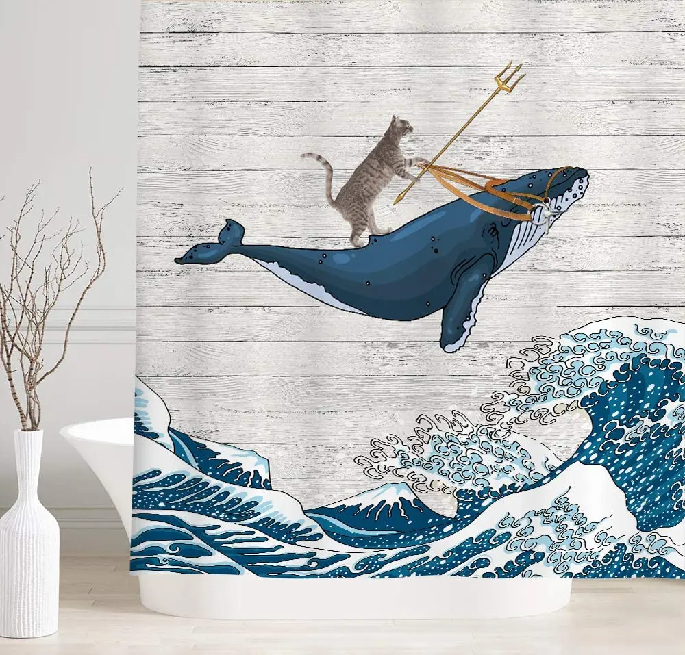 Funny Cat Riding Whale in Ocean Wave on Vintage Wooden Bathroom Curtains Vintage Kanagawa Japanese Wave Art