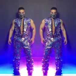 Purple Mirrors Jumpsuit Costume Men's Dancer Groups Singer Performance Glitter Laser Sequins Sleeveless Bar Nightclub Stage Wear