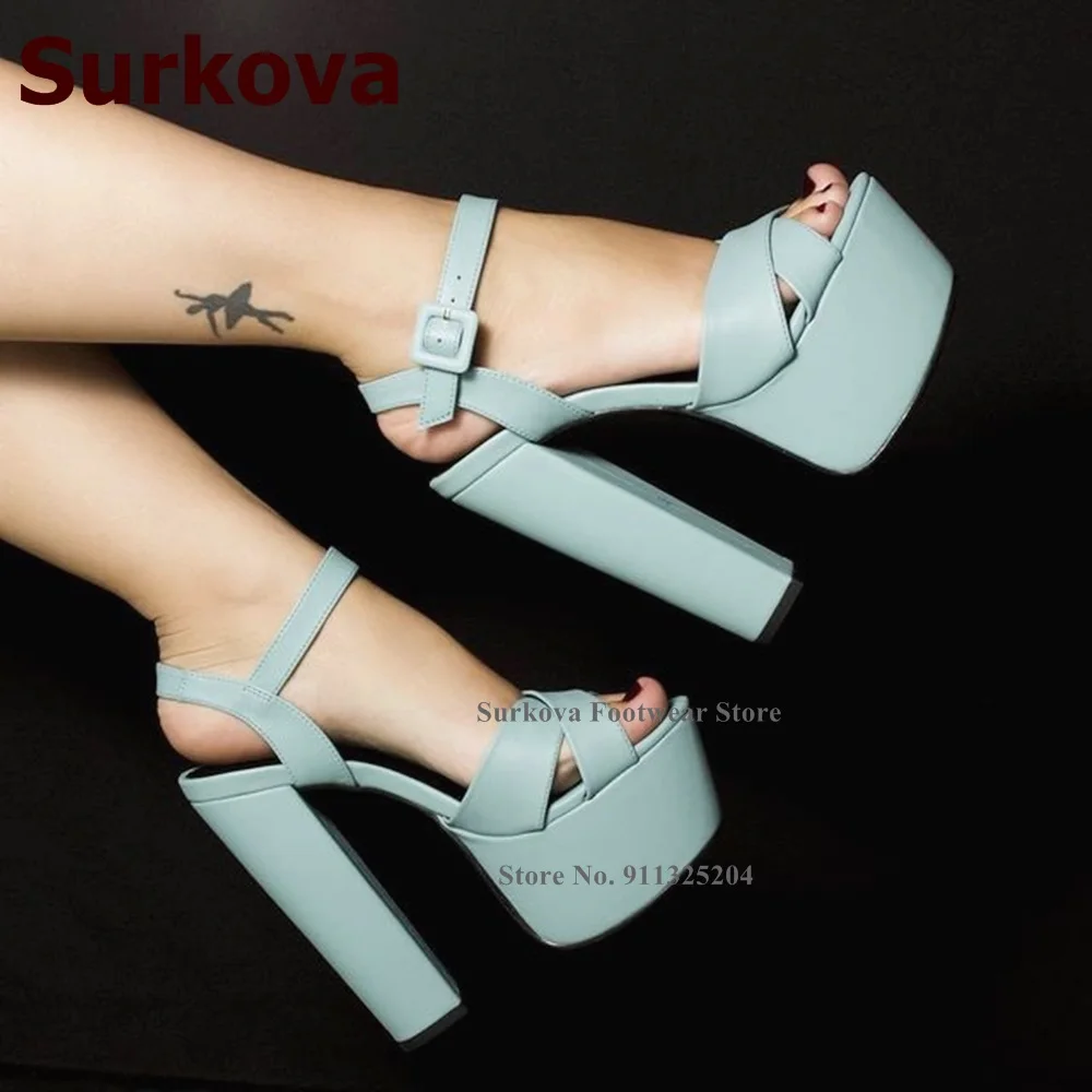 Surkova Square Buckle Chunky Heel Platform Sandals White Black Green Matte Leather Elegant Nice Dress Shoes Real Photo Pumps