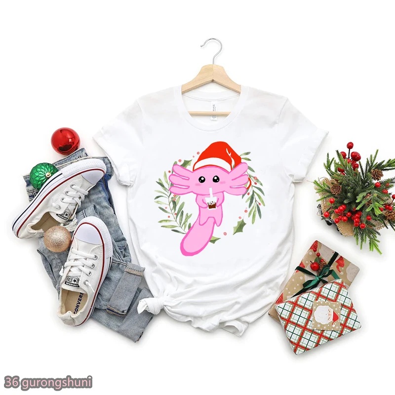 

Merry Christmas Axolotl Print Women Tshirts Funny White T-Shirt Femme Harajuku Kawaii T Shirt Female Summer Fashion Tops Tee