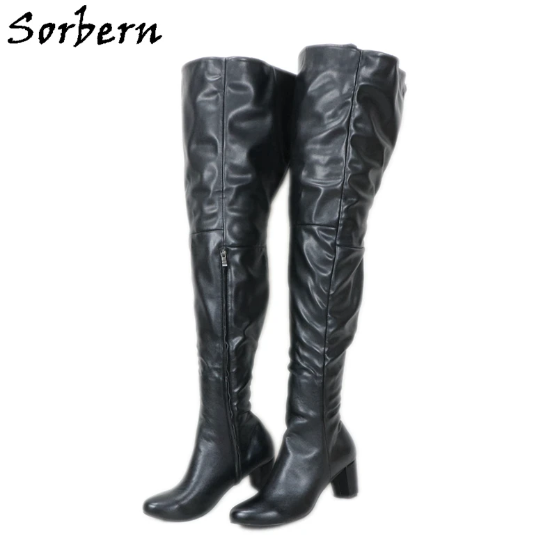 

Sorbern Custom Wide Fit Boots Block Heels 8Cm Chunky High Heel Round Toe Mid Thigh High Boot Long Fetish Shoes For Lady Boy