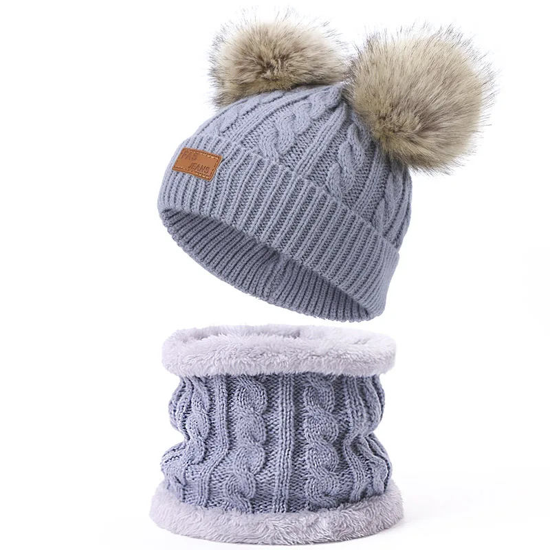 Children Hat And Scarf Set Winter Solid Skullies Beanies With Double Faux Fur Pompom High Quality Knitted Hat Ring Scarf Cap Set