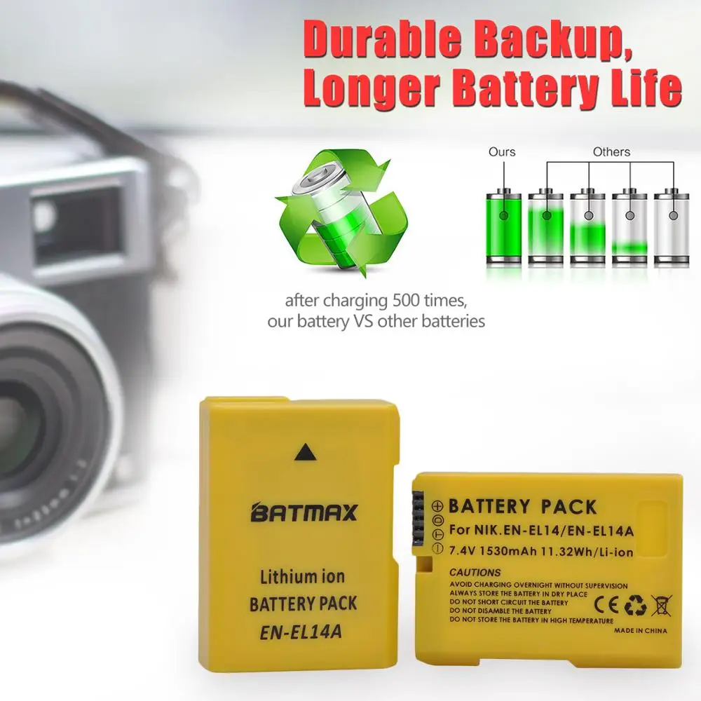 Batmax EN-EL14 EN-EL14A EL14 Battery+LED USB Dual Charger for Nikon D3100 D3200 D3300 D3400 D3500 D5600 D5100 D5200 P7000