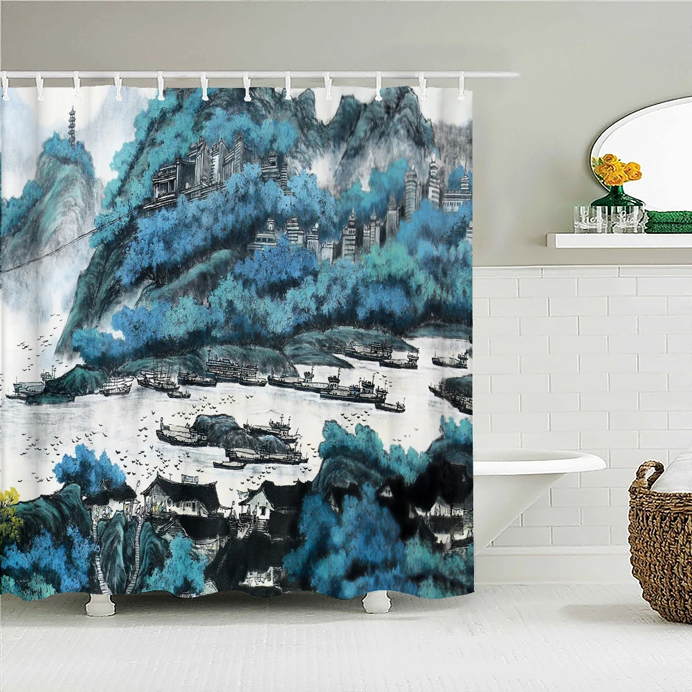 Chinese-style Printed Shower Curtain Waterproof Fabric Bathroom Plum Bossom Flowers Birds Plants  Bathtub Screen Home Decorate