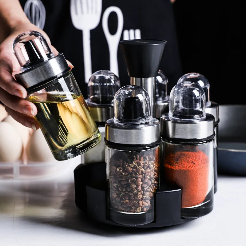 Rotatable 7 Pcs Glass Spice Jars Oil Bottle Set Kitchen Canister Set Salt And Pepper Shakers Household Seasoning Sugar Container