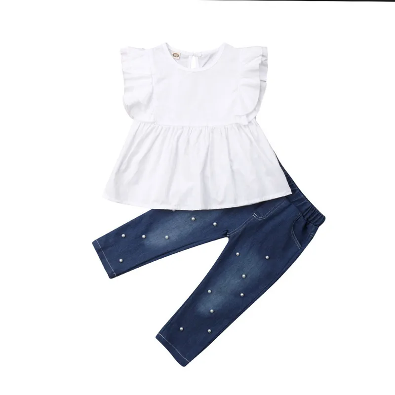 Fashion Kids Girl Clothes Sets Ruffle Sleeveless Top Dress Pearl Denim Pants Jeans Casual Summer Clothing Outfits