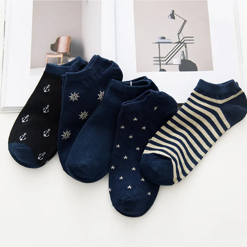 5 Pairs Cotton Comfortable Fashion Bussiness Men Short Navy Socks Stripe Anchor Star Snow Male Adult Ankle Sox Spring Summer