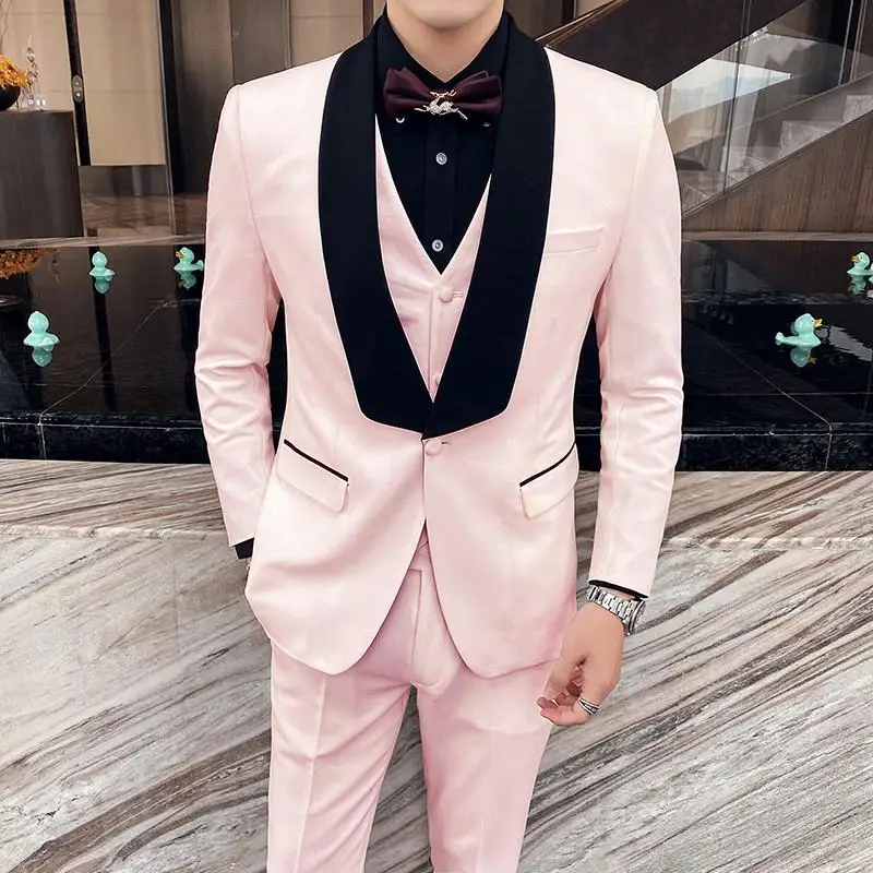 

Latest Design Fashion Pink Wedding Suit For Men Slim Fit 3 Piece Set Shawl Lapel Groom Party Mens Tuxedo Best Man Blazer