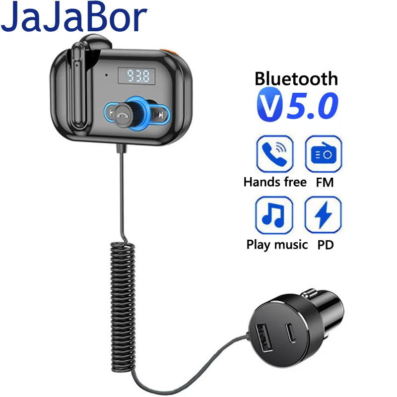 

JaJaBor FM Transmitter Handsfree Car Kit Bluetooth Headset Earphone MP3 Player with Atmosphere Lamp USB Type C PD Car Charger