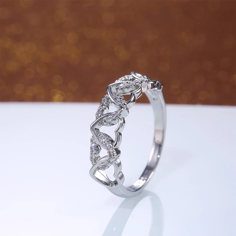 Huitan Double Row Cross Hearts Delicate Female Ring CZ Stone Heart Romantic Wedding Fashion Women Rings Jewelry Engagement Party
